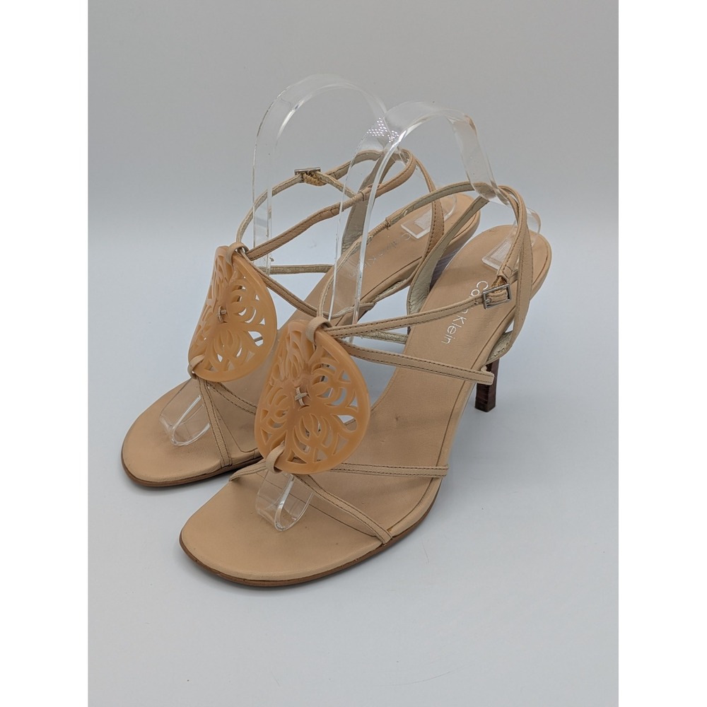Calvin Klein Strappy Medallion Sandals 9M Tan Leather Stiletto Heel Minimalist